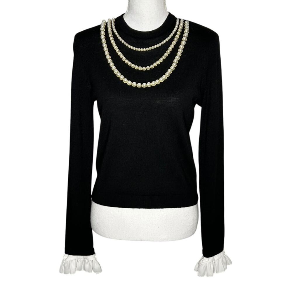 Alice & Olivia Black Pearl Trim Sweater Detachable White Ruffle Cuffs
